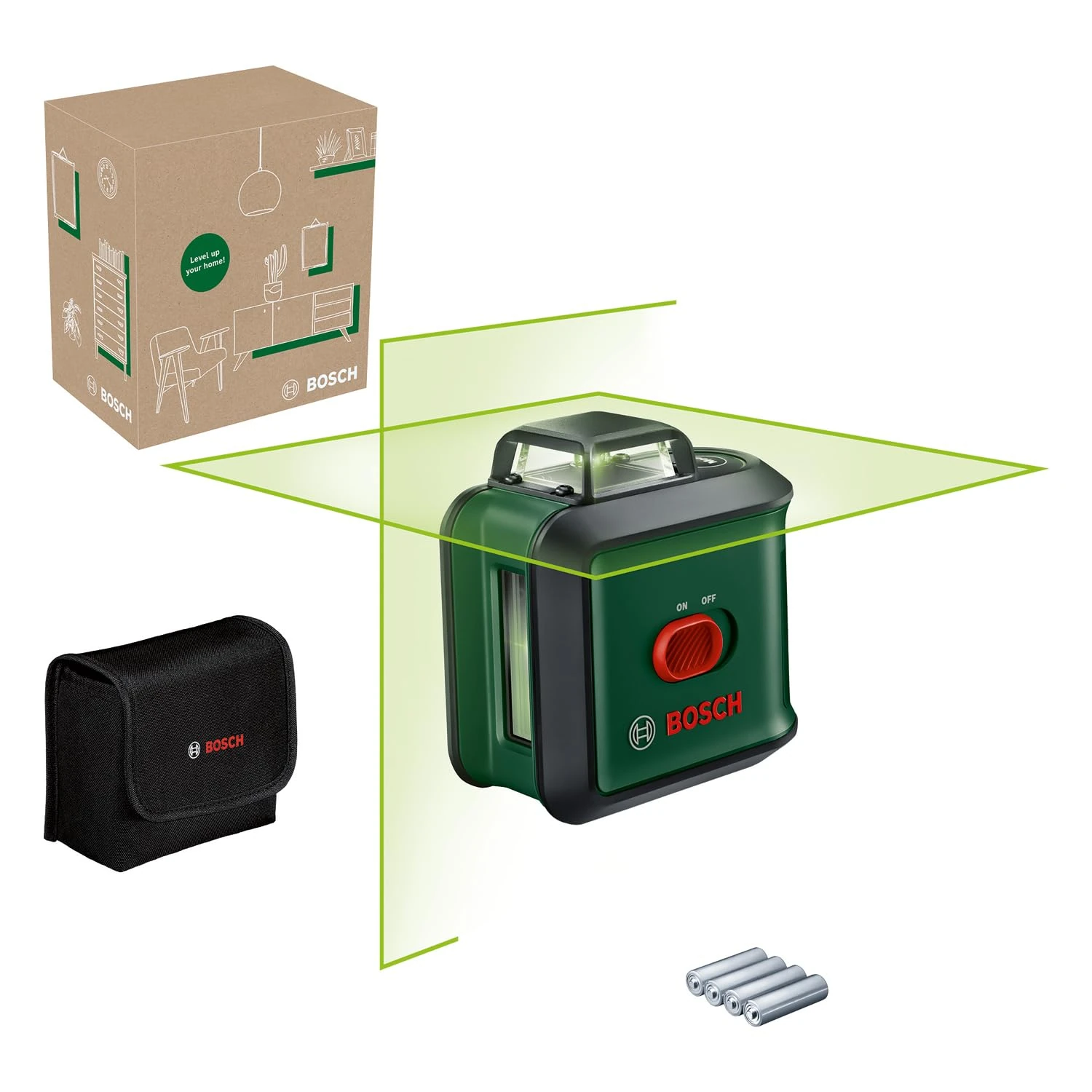 Bosch Cross line Laser UniversalLevel 360 (Vertical + Horizontal Laser Lines incl. 360° for Alignment Throughout The Entire Room, in E-Commerce Cardboard Box)