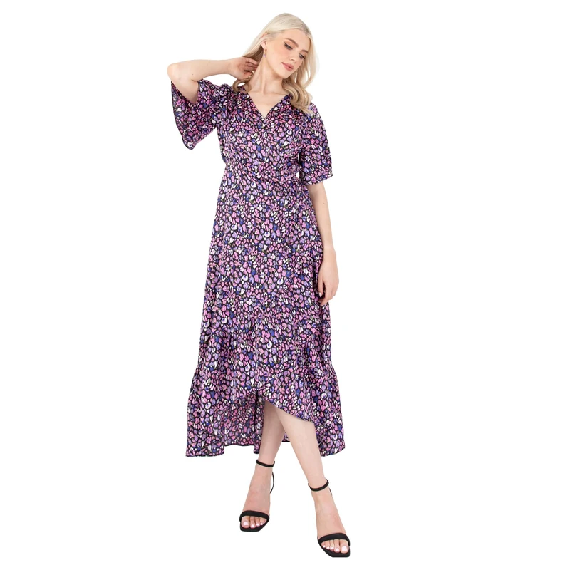 Lovedrobe Women's Maxi Dress Ladies Wrap Empire A-line V-Neck Animal Print Half Sleeve Waterfall Ruffle Wedding Guest Occasion, Multi, 24