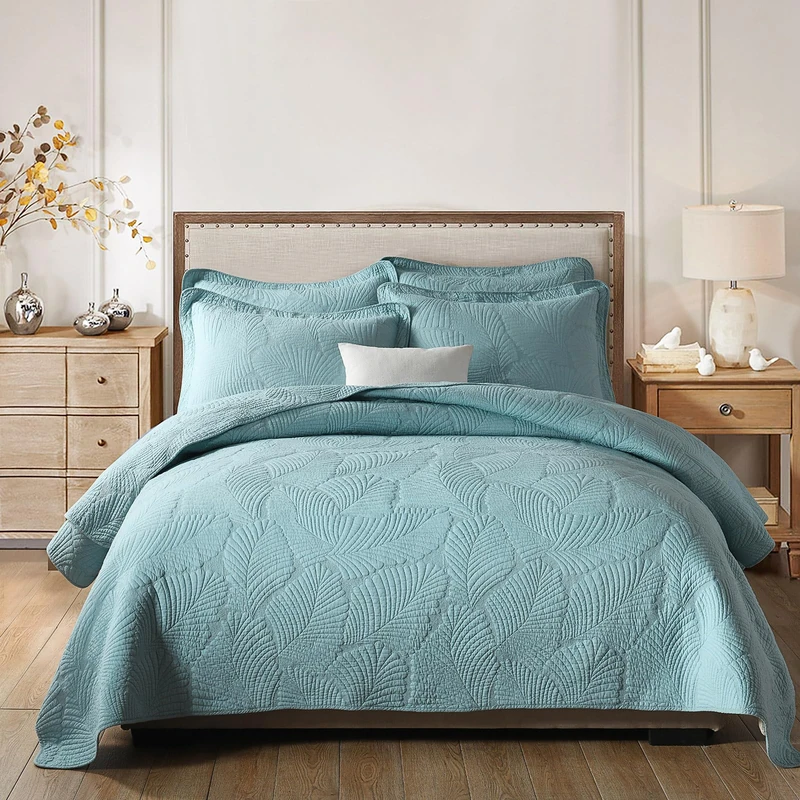 mixinni King Size Blue Plam Leaves Quilt Set Soft Cotton Bedspread Coverlet Set-King Size