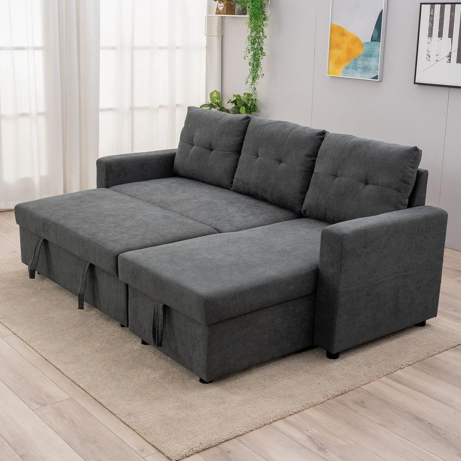 Panana L Shaped Corner Sofa Bed, 3 Seater Pull Out Sofa Bed Sleeper with Hidden Storage and Reversible Chaise, gGray Linen