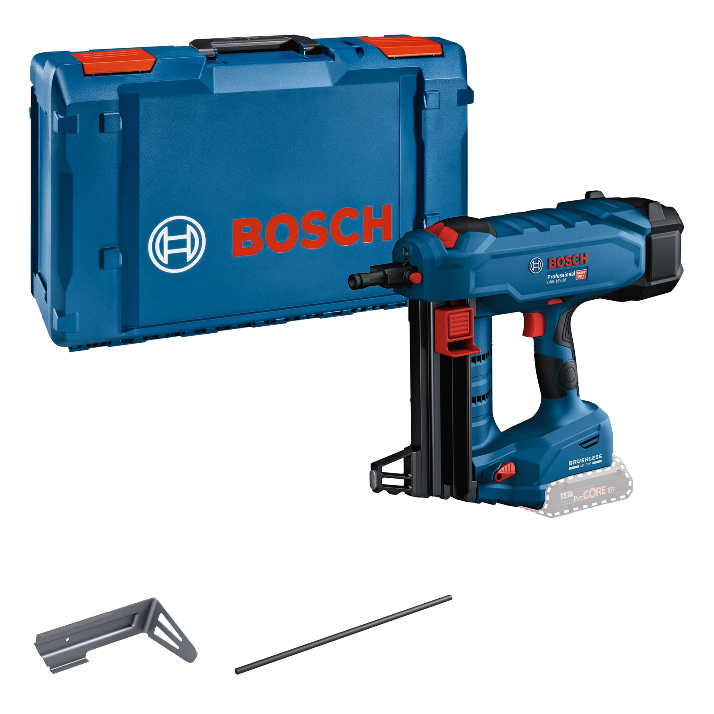 Bosch Professional BITURBO Cordless Concrete Nailer GNB 18V-38 (Nail Dia. 2.7-3.0 mm, max. Nail Length 38 mm, incl. 1 x push out pin, 1 x utility hook, XL-BOXX )
