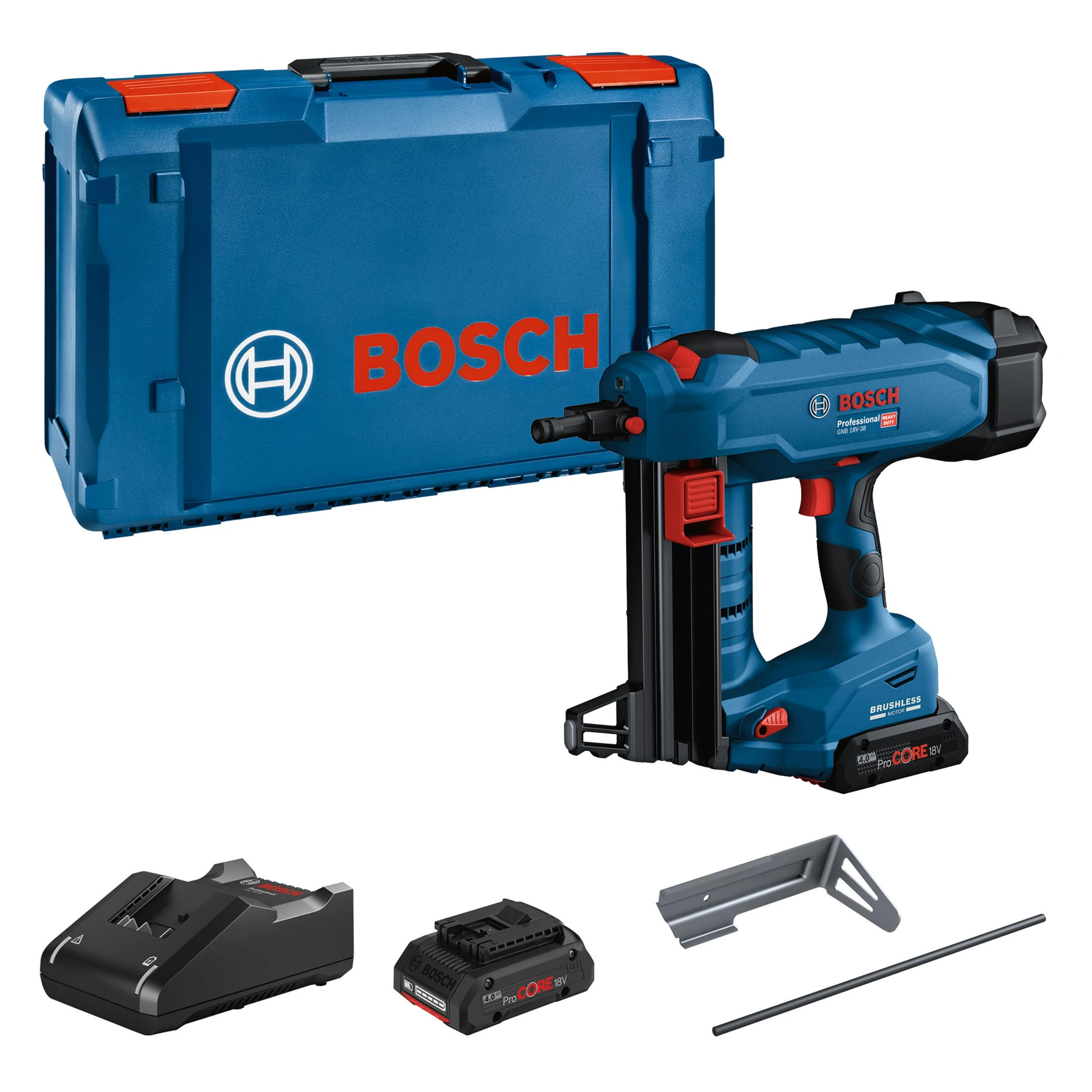 Bosch Professional 18V System Cordless Concrete Nailer GNB 18V-38 (16 mm to 38 mm Nail Lenght, incl. 2X 4.0Ah ProCORE18V, GAL 18V-40, Push Out Pin, Utility Hook, Inlay, XL-BOXX)