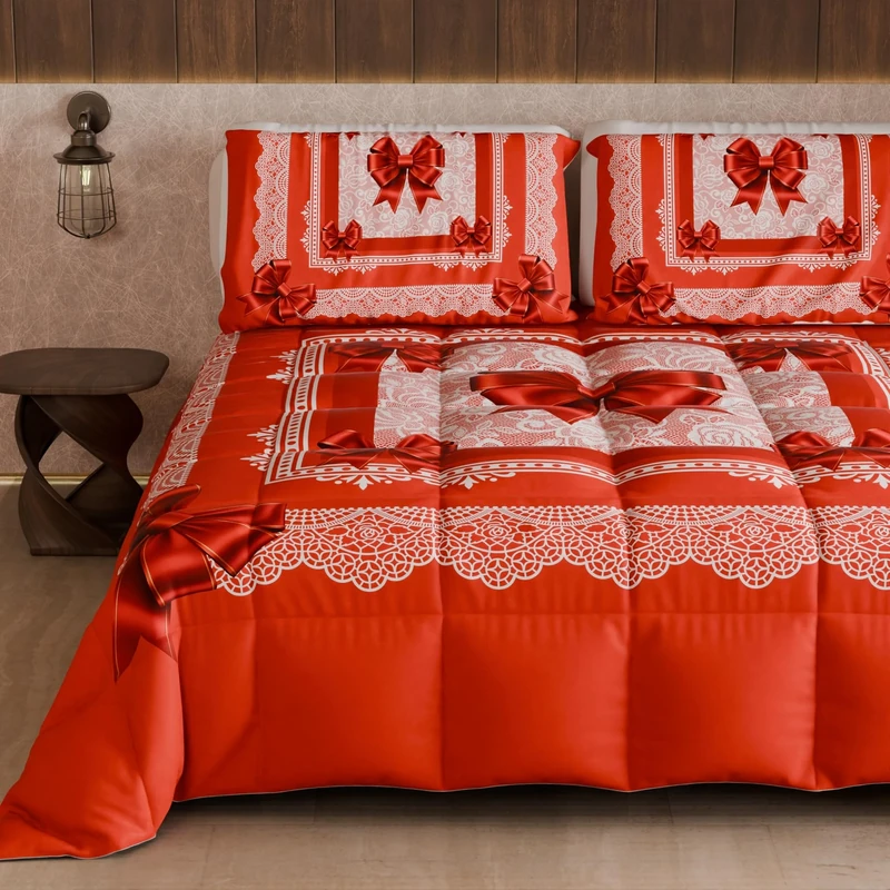 PETTI Artigiani Italiani - Winter Quilt for a Double Bed and a Half Quarter, Solid Colour and Digital Print Red Bow, Made in Italy
