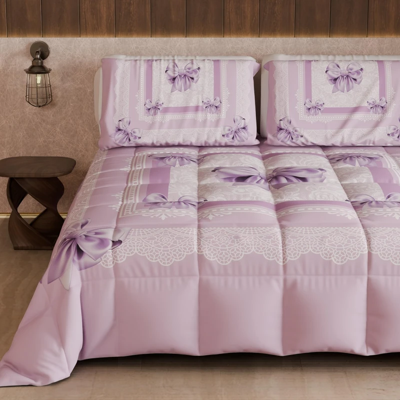 PETTI Artigiani Italiani - Double Winter Quilt, Double Duvet, Plain Colour and Digital Print Lilac Bow, Made in Italy - Image 1
