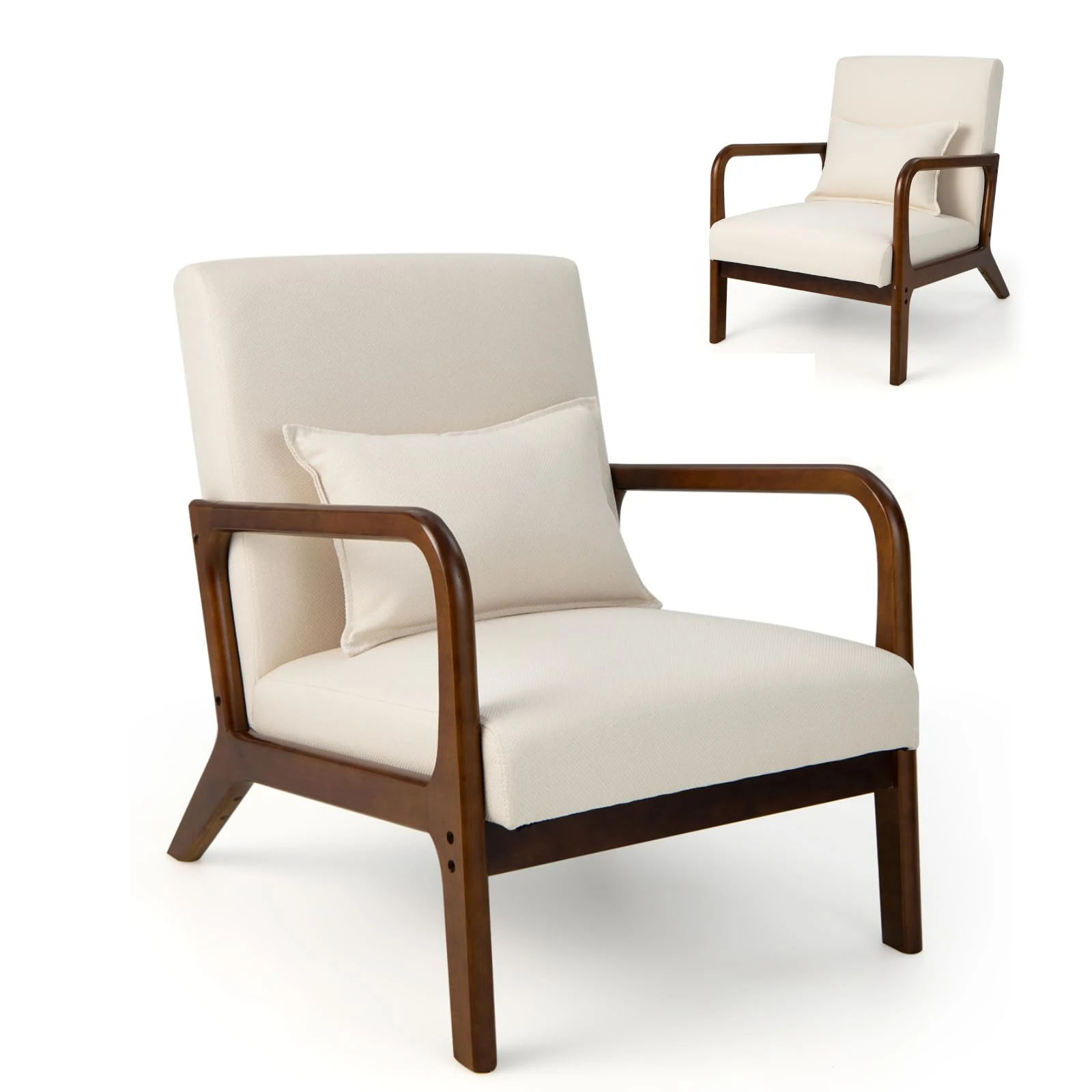 Multigot Modern Accent Armchair, Upholstered Single Sofa Chair with Anti-slip Foot Pads, Rubber Wood Padded Lounge Couch for Living Room Bedroom Office (Beige, With Lumbar Support)