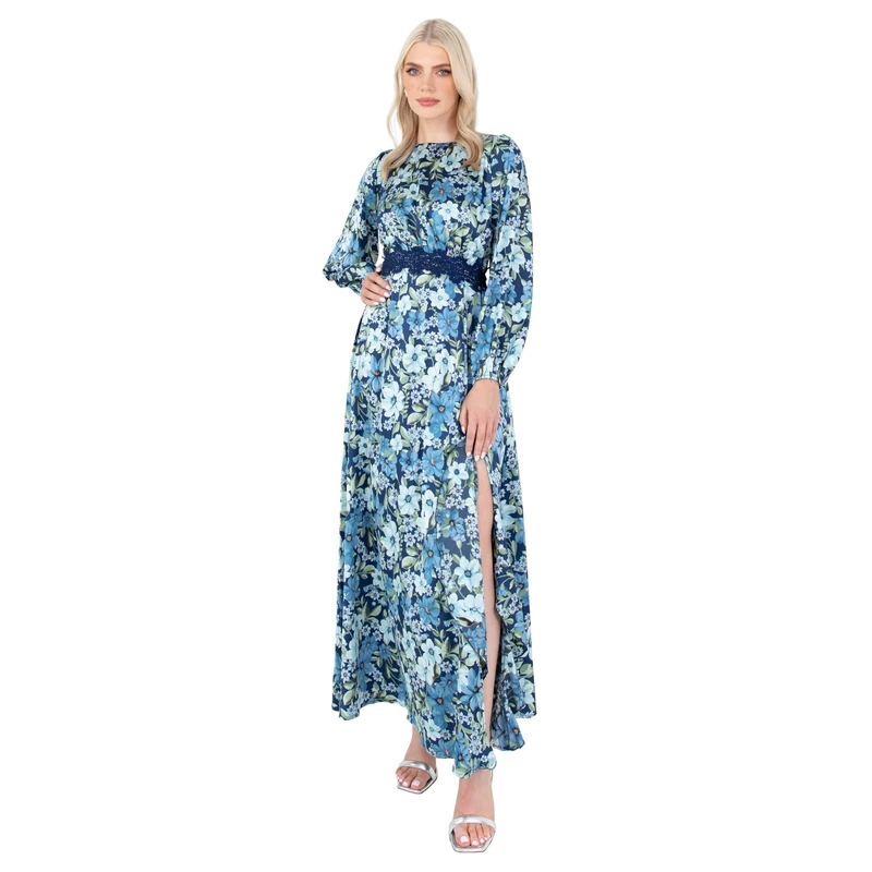Lovedrobe Women's Maxi Dress Ladies Long Sleeve Satin Floral Lace Trim Round Crew Neck Slit Split Open Back A-line Wedding Guest, Blue, 12