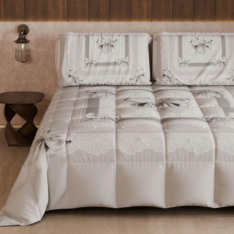 PETTI Artigiani Italiani - Winter Quilt for a Double Bed and a Half Quarter, Solid Colour and Digital Print Grey Bow, Made in Italy