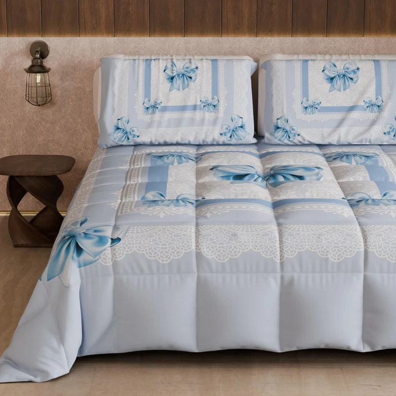 PETTI Artigiani Italiani - Winter Quilt for a Double Bed and a Half Quarter, Solid Colour and Digital Print Light Blue Bow, Made in Italy