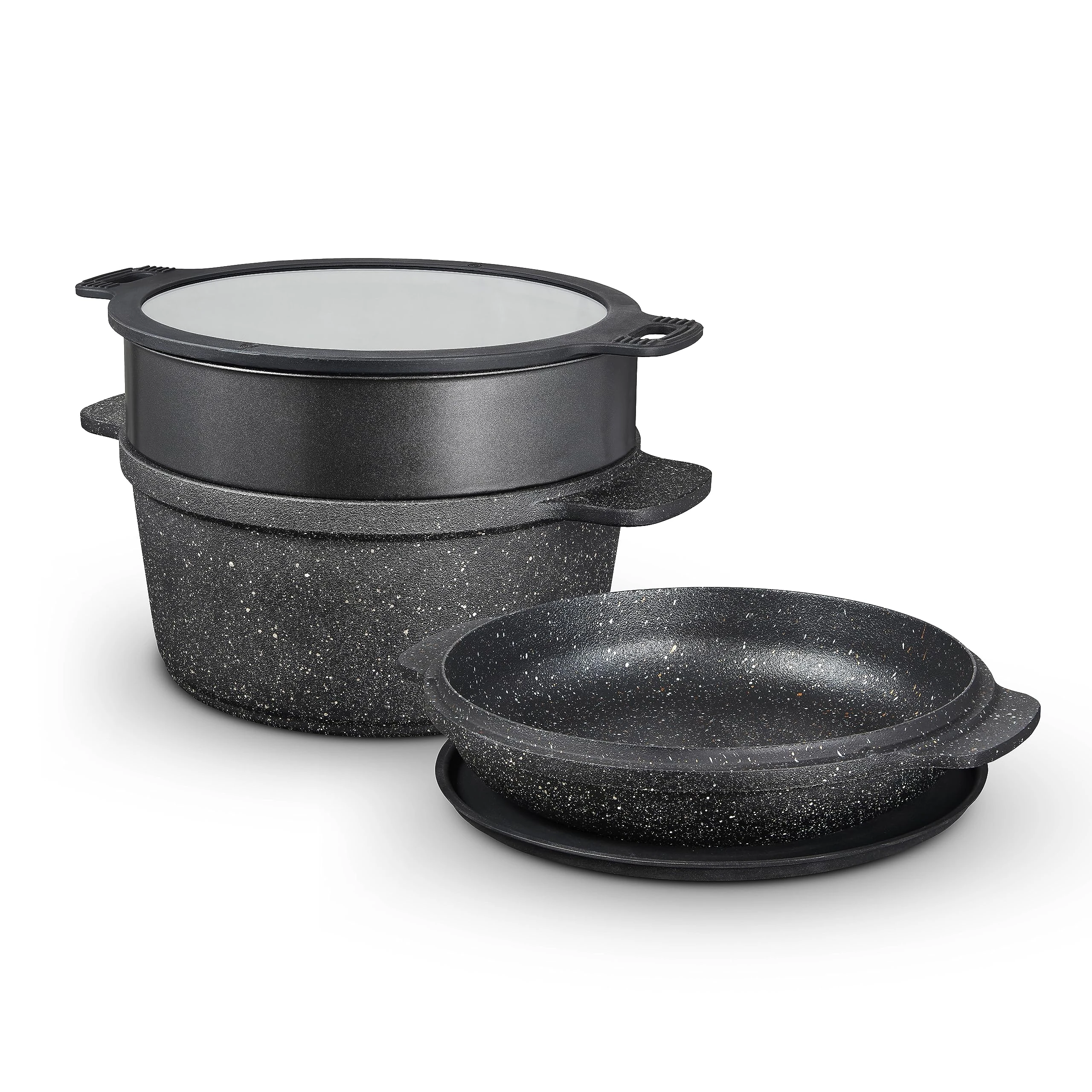 Tower 24cm Lightweight Cast Aluminium Multi-Functional Casserole Dish/Dutch Oven/Stew Pot with Steamer Insert, Domed Lid (Shallow Hob Dish) & Silicone Trivet, Black