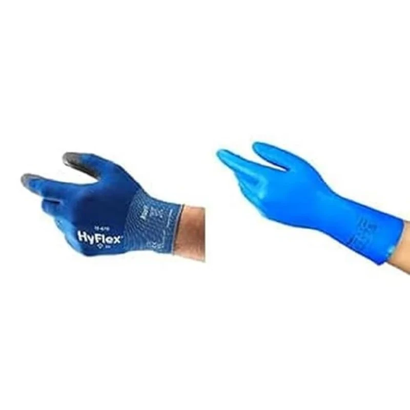 HyFlex 11-618 Thin Work Gloves, Abrasion Resistant PU Coating, Blue, Size L (12 Pairs) + AlphaTec 37-310 Multipurpose Nitrile Gloves, Chemical Protection, Blue, Size L (12 Pairs)