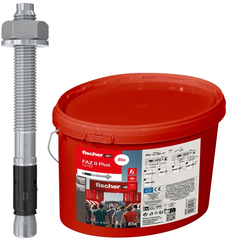 fischer FAZ II Plus 12/10 gvz Bolt Anchor in Bucket, Heavy Duty Anchor with High Load Capacity, Anchor Bolt for Fixings Heavy Loads and Steel Structures, Seismic & ETA Approval