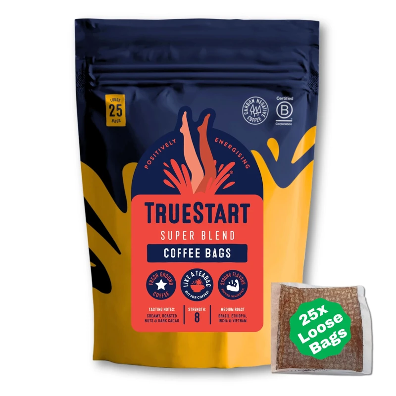 TrueStart Coffee Bags, Super Blend Strong – 25 Loose Bags, Mycotoxin-Free Coffee Rich in Antioxidants, Quick Brew, Individually Wrapped & Gluten Free, Resealable Pouch