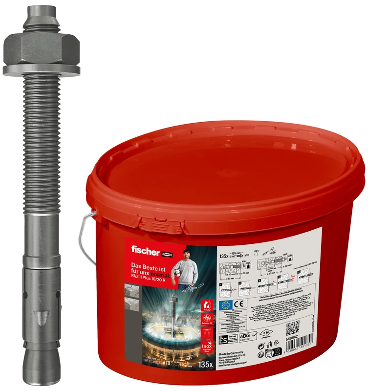 Fischer FAZ II Plus 10/20 R Bolt Anchor in Bucket, Heavy Duty Anchor with High Load Capacity, 135 Anchor Bolts for Attaching Heavy Loads & Steel Constructions, Stainless Steel, Seismic & ETA Approved