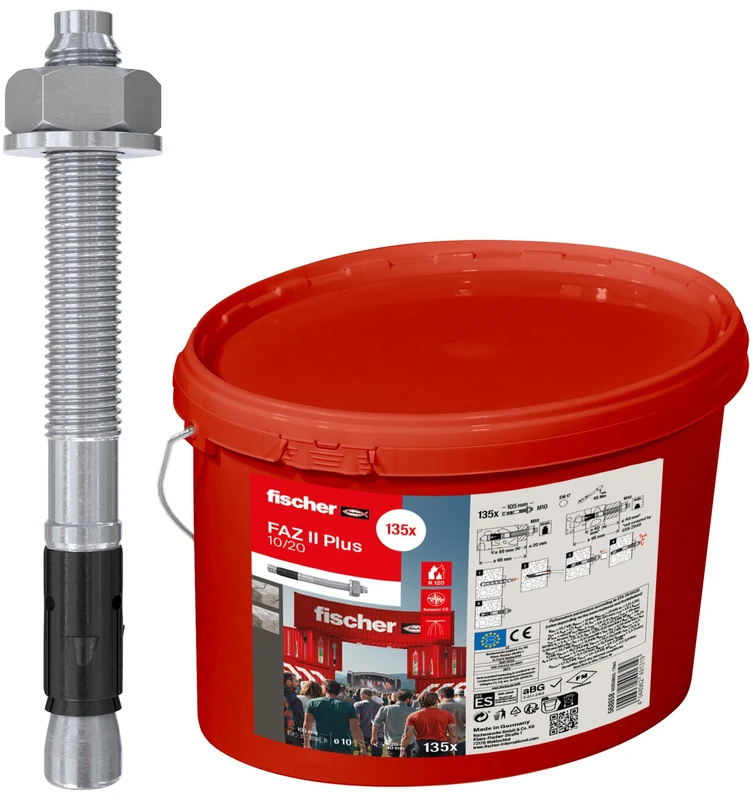 fischer FAZ II Plus 10/20 gvz Bolt Anchor in Bucket, Heavy Duty Anchor with High Load Capacity, Anchor Bolt for Fixings Heavy Loads and Steel Constructions, Seismic & ETA Approval