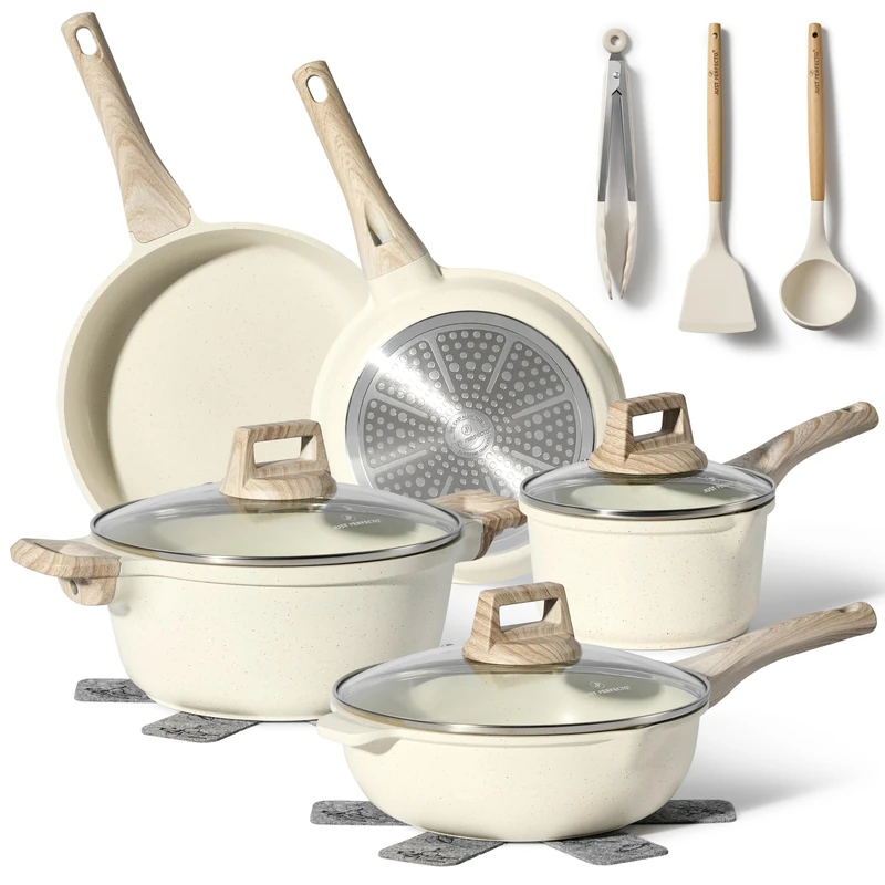 Just Perfecto Induction Cookware Set of Saucepans with Lid - All Heat Sources - Non-Stick Frying Pan - PFOA and PTFE Free - Set with Pans (13 x Biege)