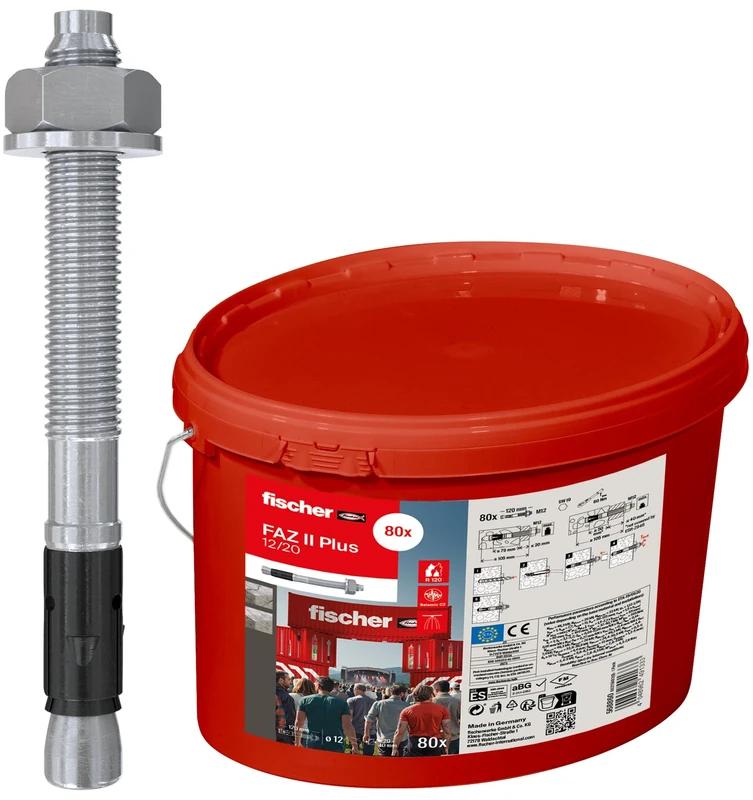 fischer FAZ II Plus 12/20 gvz Bolt Anchor in Bucket, Heavy Duty Anchor with High Load Capacity, Anchor Bolt for Fixings Heavy Loads and Steel Constructions, Seismic & ETA Approval