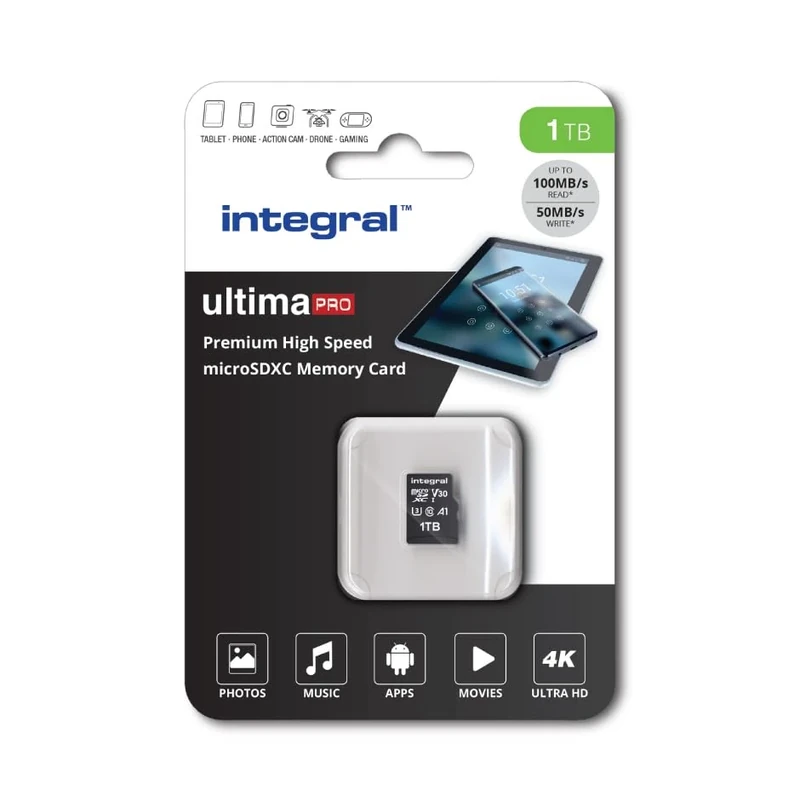 Integral 1TB microSD Card Premium High Speed 4K Video Memory Card - up to 100MB/s Read and 50MB/s Write, UHS-I, U3, Class 10, A1 App Performance - for smartphones, tablets, drones, game consoles
