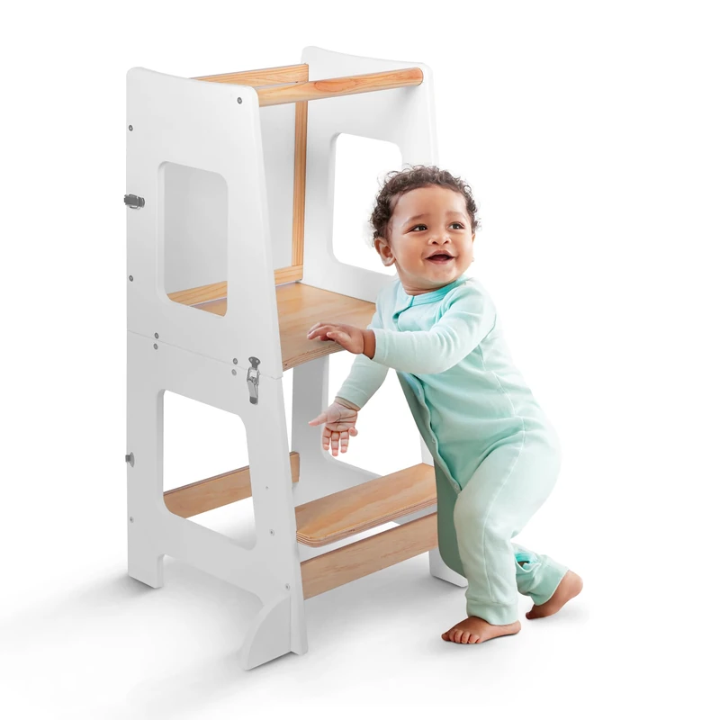 kidoola Toddler Learning Tower & Mini Desk (up to 12 Years), Safe & Creative for Kids, Toddler Steps Stool with Secure Safety Bars & Adjustable Height, Black & Whiteboard, Easy to Build
