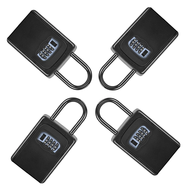 Portable Key Lock Box for House Key, Weatherproof Resettable Code House Key Safe Security Lock(4 Pack, Black)