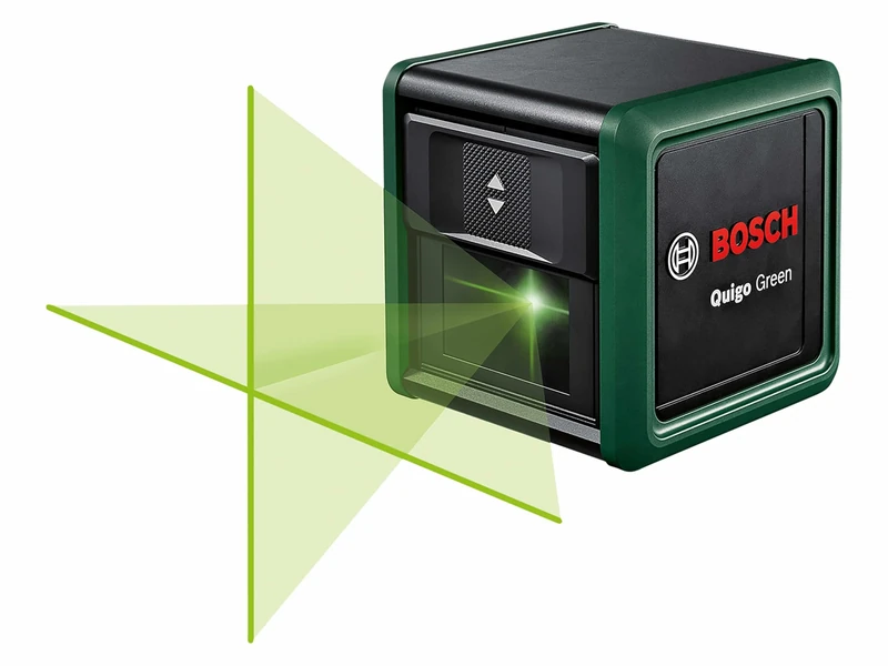 Bosch Cross line Laser Quigo Green with Universal clamp MM 2 (Green Laser for Better Visibility, housing Made of Recycled Plastic, in E-Commerce Cardboard Box)