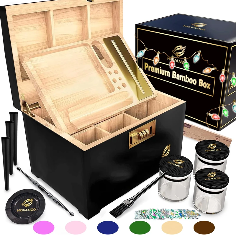 HOVANZO Premium Large Bamboo Storage Box with Combination Lock - Decorative Box Set - Large Wooden Container - Decorative Wood Storage with Accessories - Wood Kit with Glass Jars