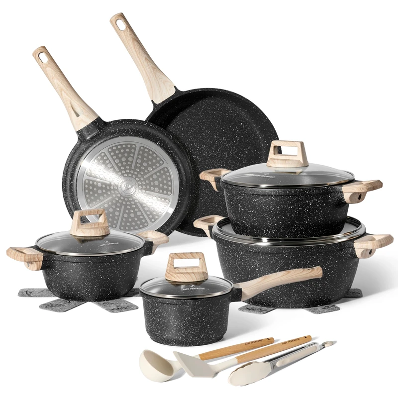 Just Perfecto Pots and Pans Sets Non Stick, Induction Hob Pan Set of 15 pcs, Saucepan Set, Non Stick Frying Pan Set with Lid Stock Pot, Deep Frying Pan, Pots and Pans Set Hob Granite Cookware Set