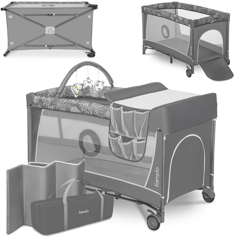 lionelo Travel Cot and Baby zone FLOWER 2-in1-with Changing Table for Newborns and Toddlers 0-36 kg, 2-level Mattress height, Mesh transparent Walls, Side Entry, Toy Bar, LockGuard Safety, Quick-Fold