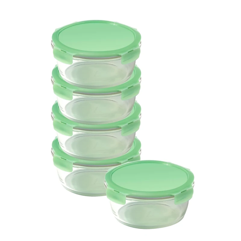 LocknLock Eco Ovenglass Glass Food Containers with Lids Set of 5 - Airtight, Leakproof Round Food Storage Containers with Recycled Plastic Lids, Oven Safe, Dishwasher Safe, 5 x 950ml