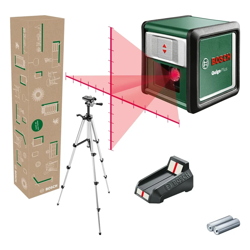 Bosch Cross line Laser Quigo Plus with Tripod (Easy Alignment at Equal and Variable Distances Thanks to Markings on The Laser line, in E-Commerce Cardboard Box)
