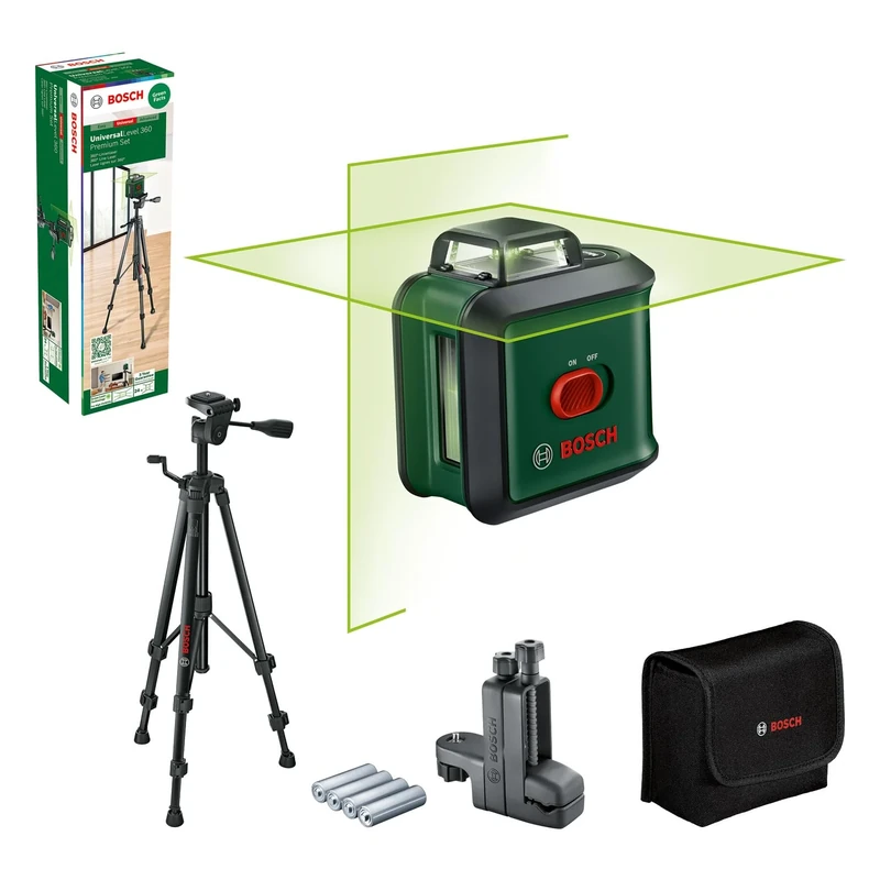 Bosch Cross line Laser UniversalLevel 360 with Premium Tripod + Universal clamp MM 3 (Vertical + Horizontal Laser Lines incl. 360° for Alignment Throughout The Entire Room, in Cardboard Box)