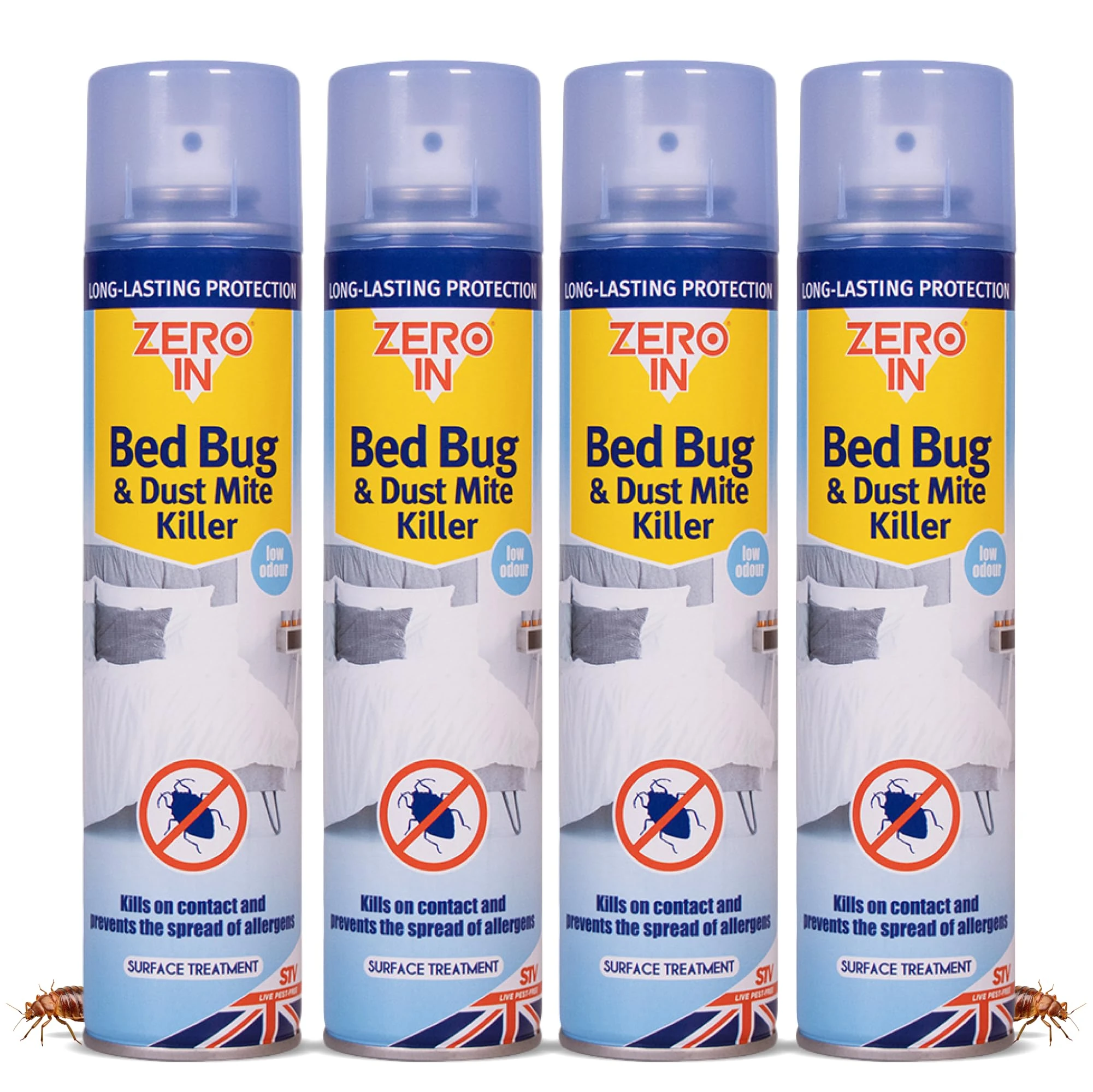 Zero In Bed Bug & Dust Mite Killer – Bed Bug Spray for Mattress, Bed Frames & Furnishings - Fast-Acting Aerosol Surface Treatment for Immediate Results - Prevents Allergies - 300ml Multi Packs X4