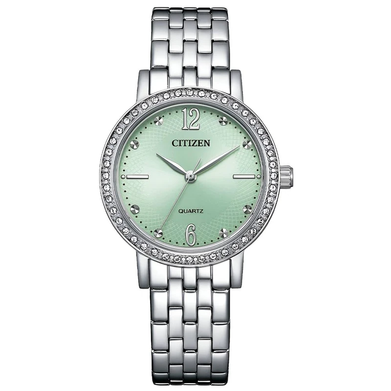 Citizen Quartz Crystal Green Dial Ladies Watch EL3100-55X Silver, Silver, Bracelet