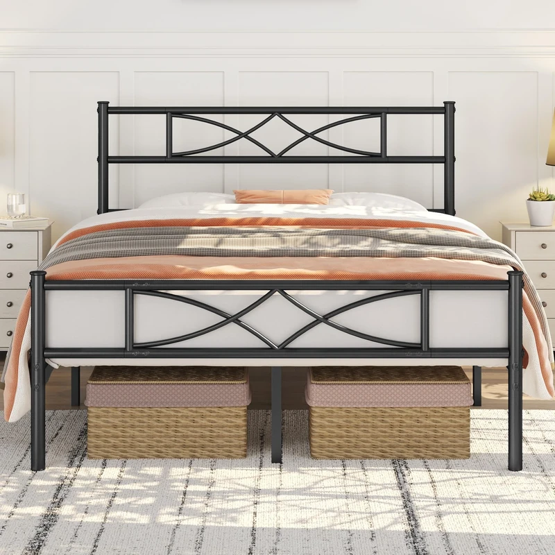 Yaheetech 4ft6 Double Bed Frames Metal Slatted Bed Platform with Curved Design Headboard and Footboard, Under-bed Storage, No Box Spring Needed, 12 Built-in Steel Slats, Black