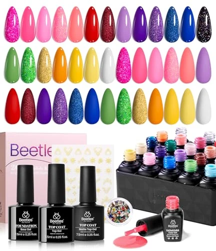 Beetles Gel Nail Polish Set - 20 Colors Pink White Black Yellow Red Glitter UV Led Gel Polish Kit with Nail Stickers Nail Rhinestones 3Pcs Base Top Coat Gift for Women Girls