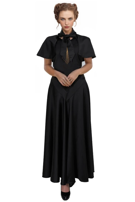 daizbella 1930s Cocktail Dress Vintage Women's Evening Dress Gown with a Cape, Black, L
