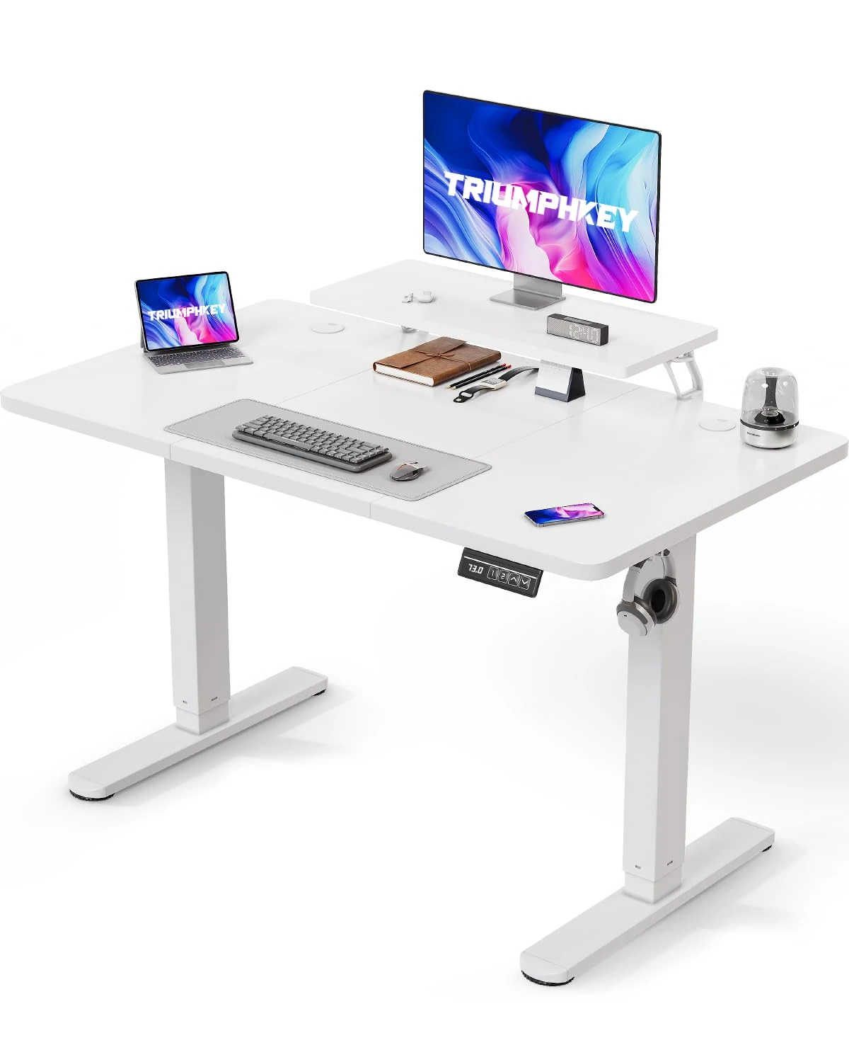 TRIUMPHKEY 120x60cm Electric Standing Desk Height Adjustable Desk With Monitor Hooks Stand Storage Shelf Home Office Sit Stand Study Table With Memory Smart Panel(White)