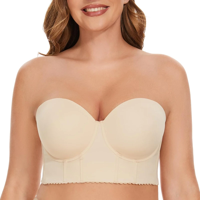SEA BBOT Women Longline Strapless Bra Full Figure Corset Bra Hide Back Fat, Beige2, 38DD