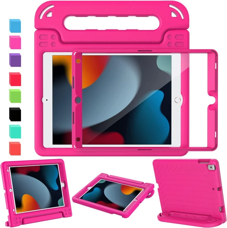 SINSO Kids Case for iPad 10.2" 9th, 8th & 7th Generation (2021/2020/2019) With Screen Protector, Shockproof Cover, Handle Stand - Rose