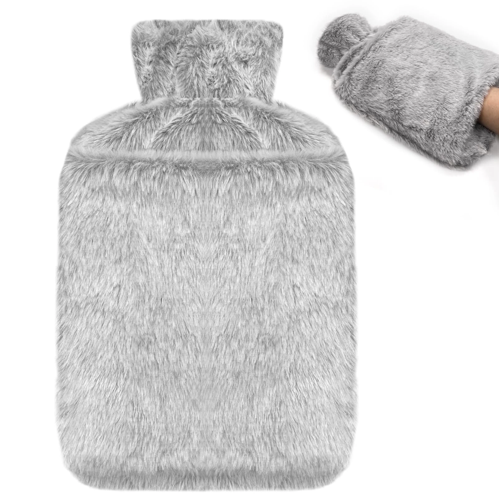Jsdoin Hot Water Bottle with Luxury Cosy Faux Fur Cover UK, 2L Leakproof Hot Water Bag for Neck, Shoulder Pain and Hand Feet Warmer (Grey)