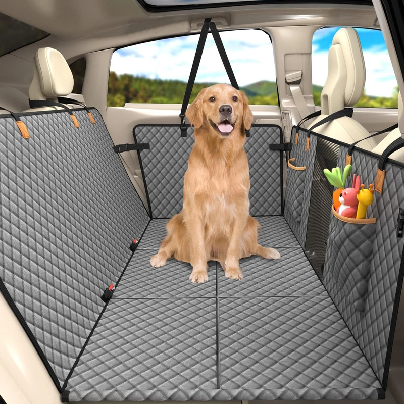 Lekereise Dog Car Seat Cover, Grey, Polyester, Universal Fit, Car, Car-Pet-Seat-Covers, Dog Car Seat Cover, Rear, 51.2 x 26.8 in, Mesh Window, Storage Pockets, 160 lbs Capacity