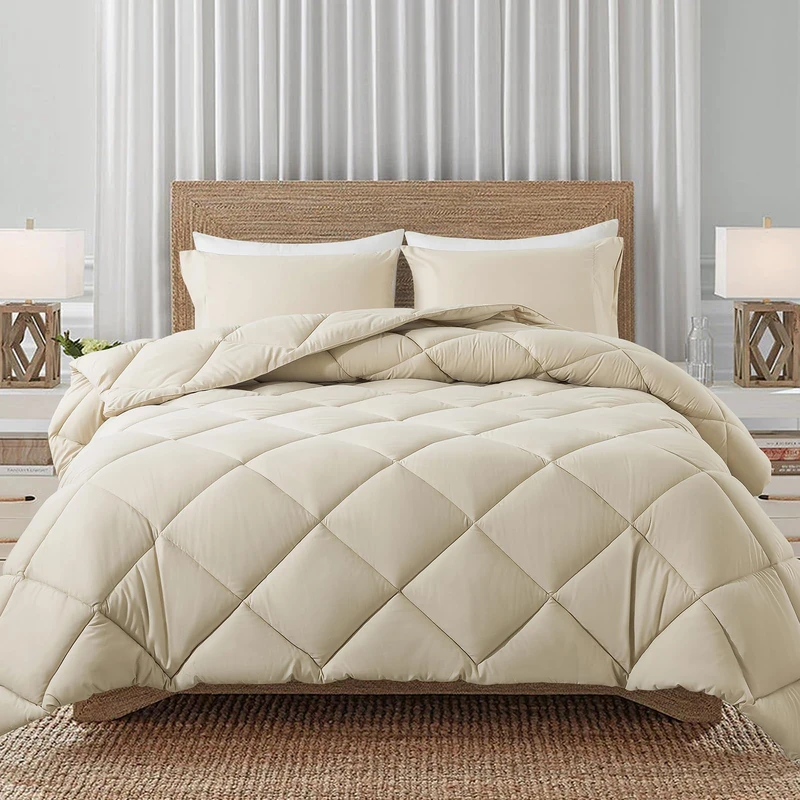 Decroom Lightweight Queen Comforter Set with 2 Pillow Sham - 3 Pieces Set - Quilted Down Alternative Comforter/Duvet Insert for All Season - Beige - Queen Size