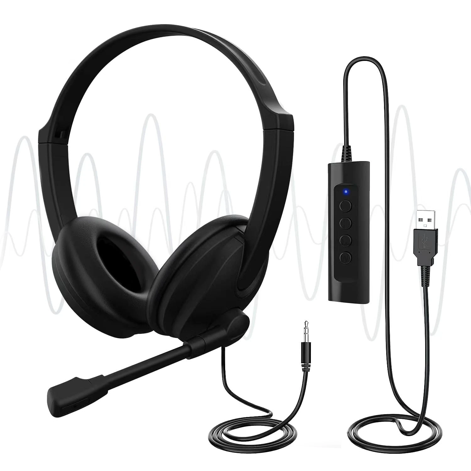 U17D 3m Length Noise Cancelling Headset - Stereo Headphone for PC, Laptop USB/3.5mm, Multi-Use Earphone for Call Center