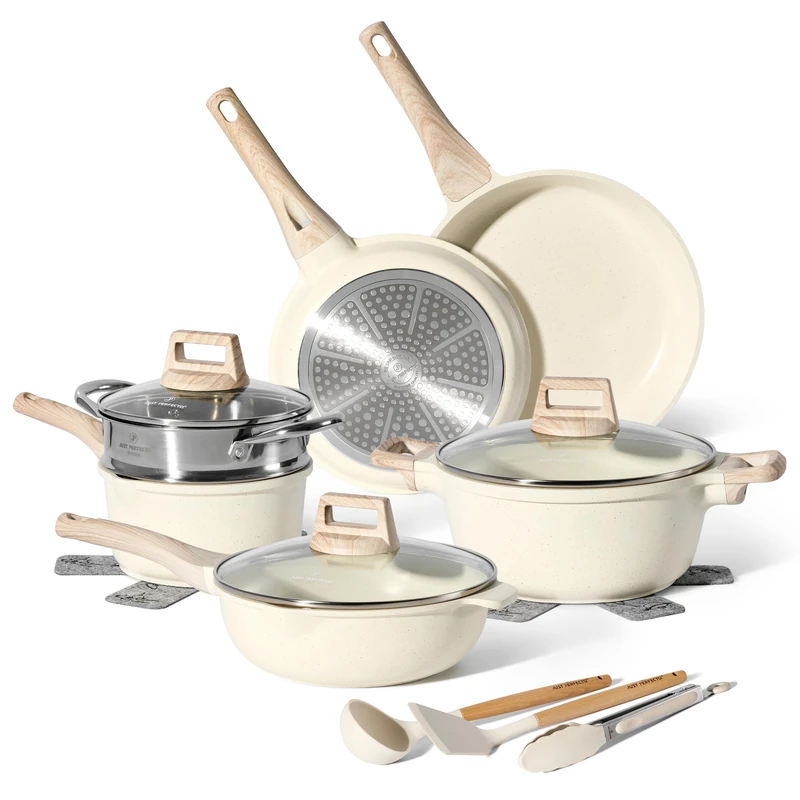 JUST Perfecto - Induction Cookware Set with Lids - Pans for All Hobs - Non-Stick Frying Pans - PFOA & PTFE Free - Includes Frying Pans (Beige)