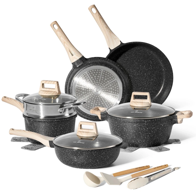 Just Perfecto Pots and Pans Sets Non Stick, Induction Hob Pan Set, Saucepan Set Non Stick Frying Pan Set with Lid Stock Pot, Deep Frying Pan Pots Set for Induction Hob Granite Cookware Set of 14pcs