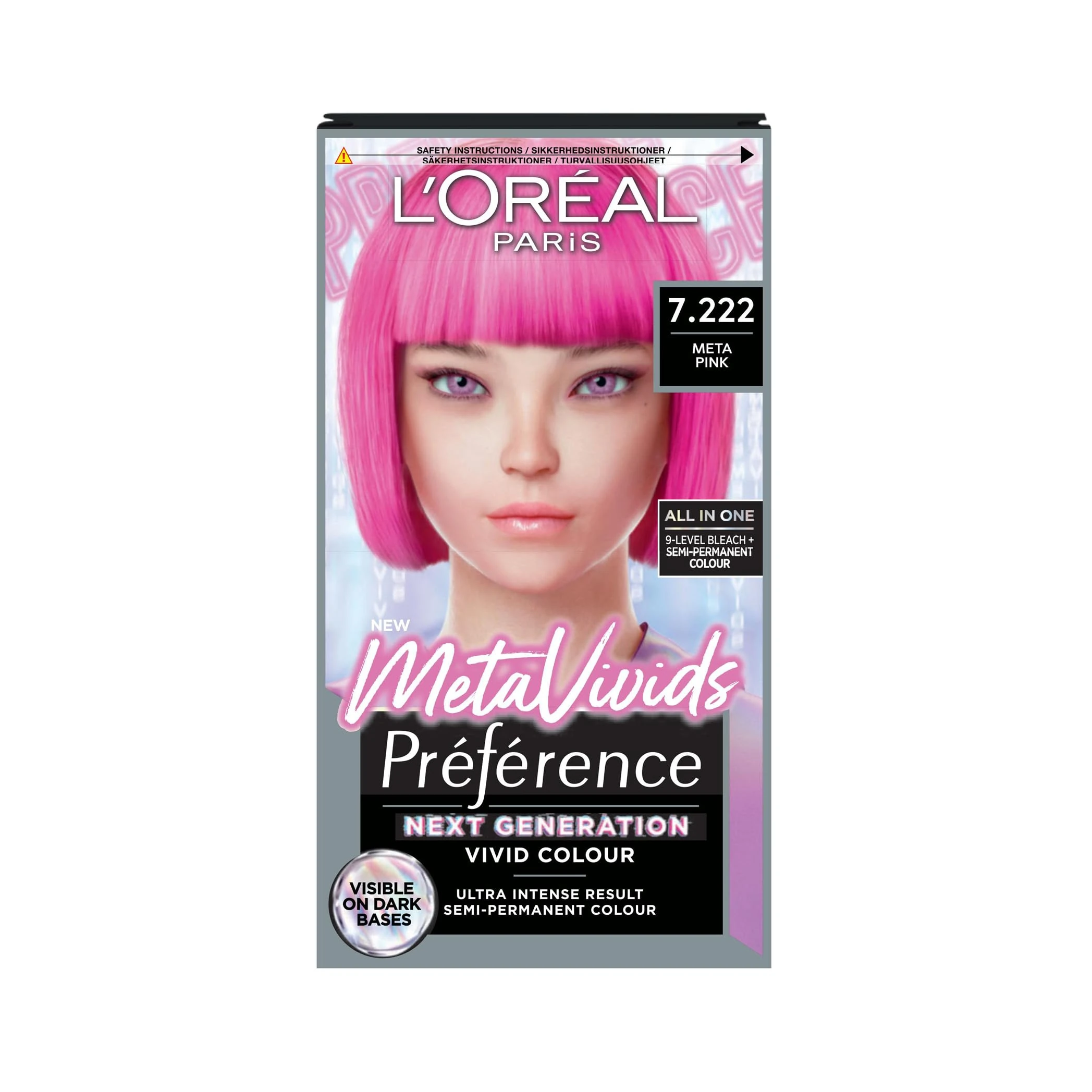 Preference Meta Vivids 7.222 Meta Pink: Permanent hair dye for vibrant, long-lasting, captivating colour. Achieve bold meta pink shades with remarkable intensity and luminous, fade-resistant finish.