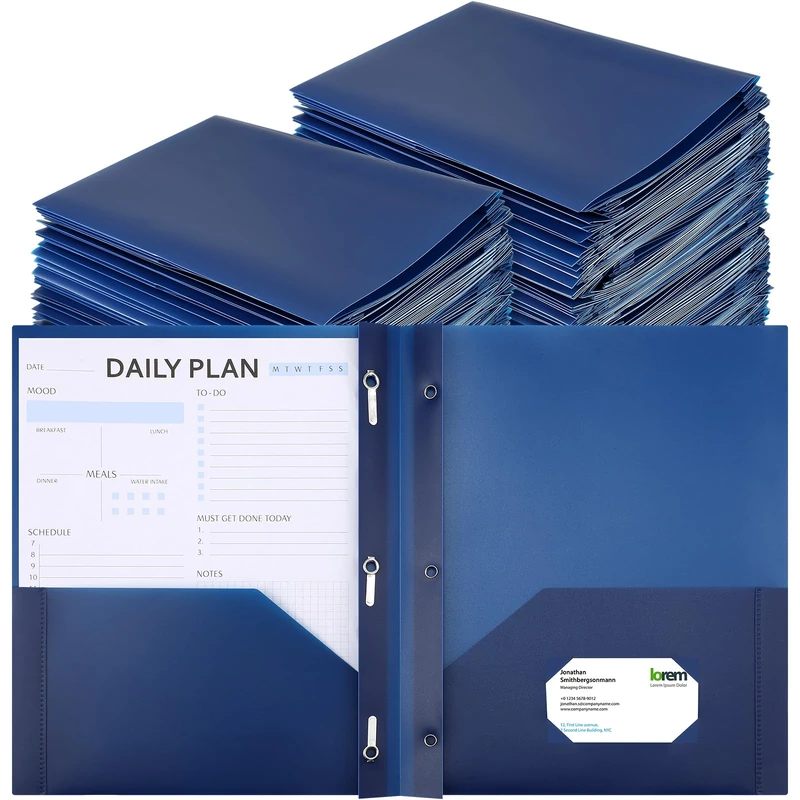 Cholemy 72 Packs Pocket Folders with Prongs Heavy Duty Plastic Folder with Business Card Slot with 3 Prong Fasteners for School Office (Navy Blue)