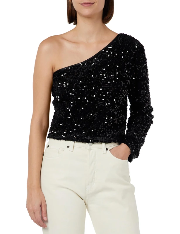 NAEMI Women's One-Shoulder Sequin top, Black, S