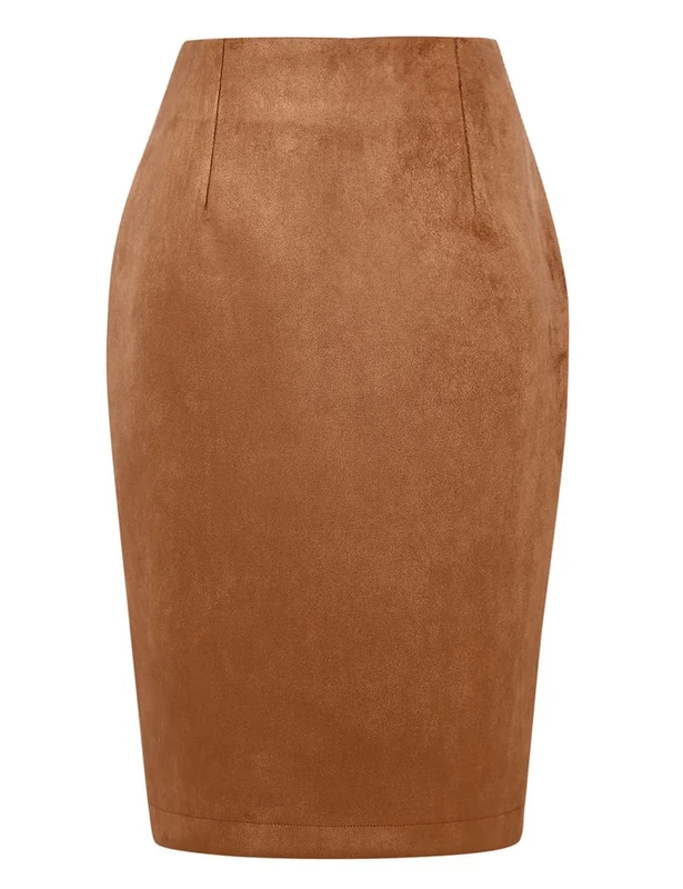 IDEALSANXUN Plaid Skirts for Women Fall Winter Knee Length Pencil Wool Skirt with Slit, Suede Brown, XXL