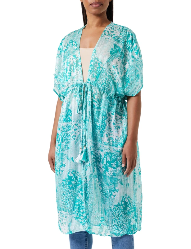 aleva Women's Kimono, Green White, S