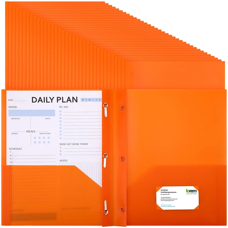 Cholemy 72 Packs Pocket Folders with Prongs Heavy Duty Plastic Folder with Business Card Slot with 3 Prong Fasteners for School Office (Orange)